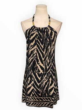 CACHE Black Tan Zebra Print Backless Halter Mini Dress Gold Vintage Y2K Party S